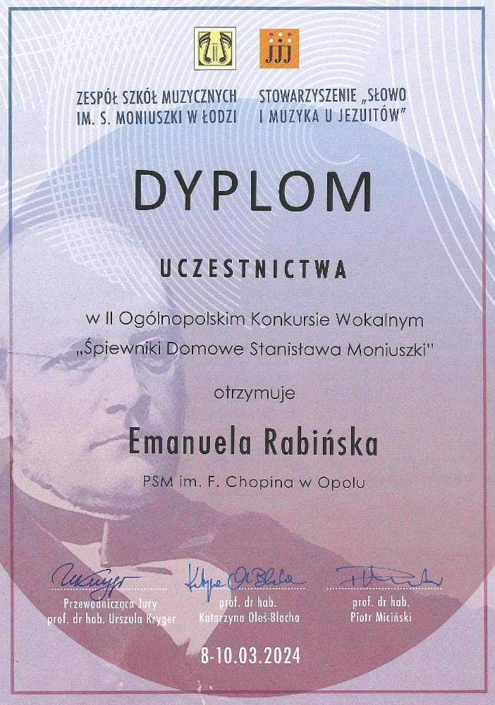 Emanuela Rabinska dyplom uczestnictwa w 2 Ogólnopolskim Konkursie Wokalnym Emanuela Rabinska dyplom uczestnictwa w 2 Ogólnopolskim Konkursie Wokalnym